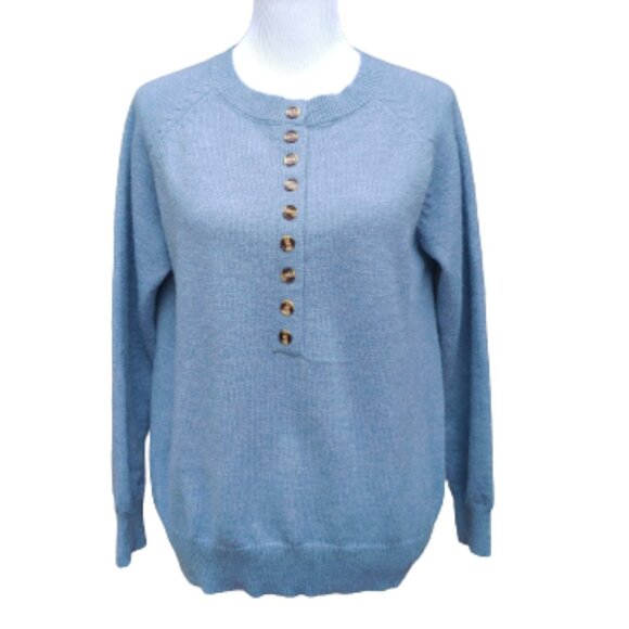 Blue Crewneck Pullover Sweater NWT Button Detail Front Solid - Picture 1 of 10